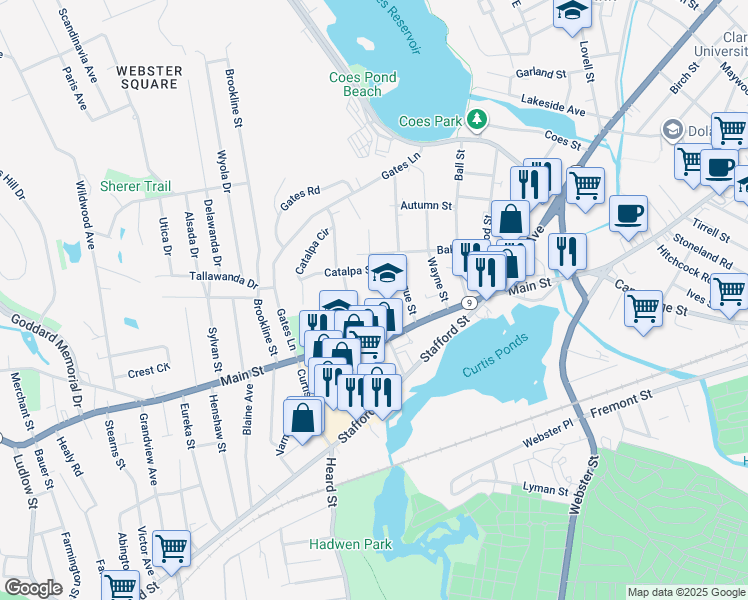 map of restaurants, bars, coffee shops, grocery stores, and more near 1212 Main Street in Worcester