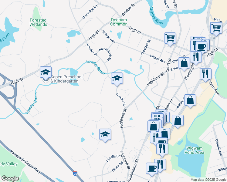 map of restaurants, bars, coffee shops, grocery stores, and more near 66 Lowder Street in Dedham