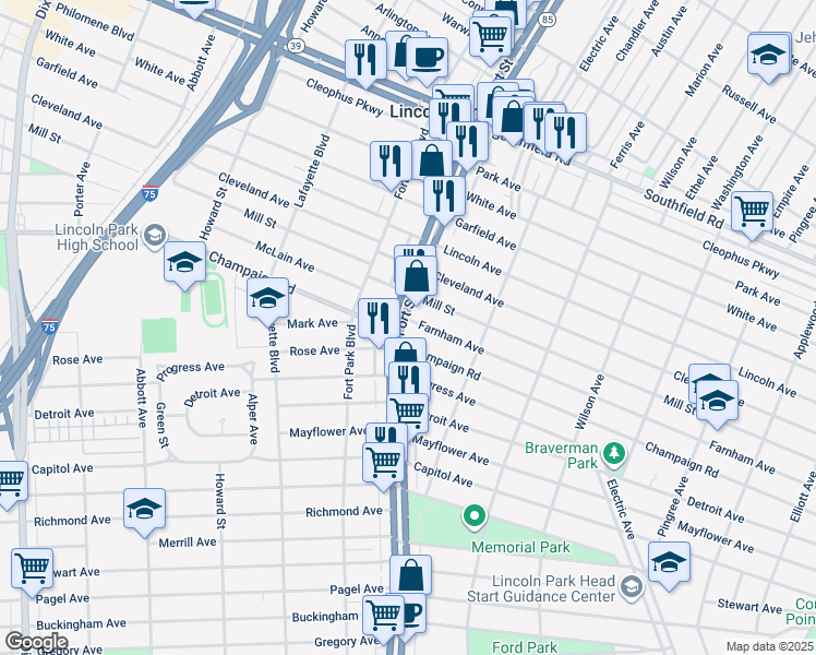 map of restaurants, bars, coffee shops, grocery stores, and more near 2375 Fort Street in Lincoln Park