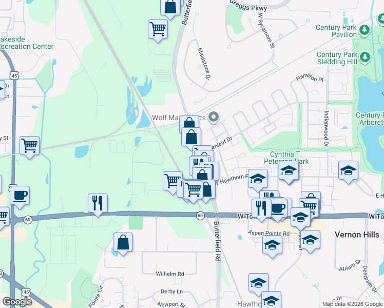 map of restaurants, bars, coffee shops, grocery stores, and more near 1316 Butterfield Road in Mundelein
