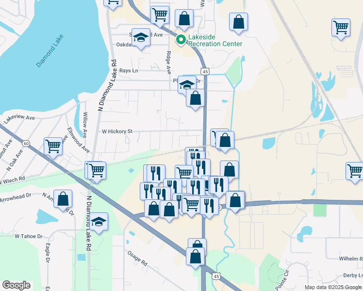 map of restaurants, bars, coffee shops, grocery stores, and more near 1446 Lakeridge Court in Mundelein