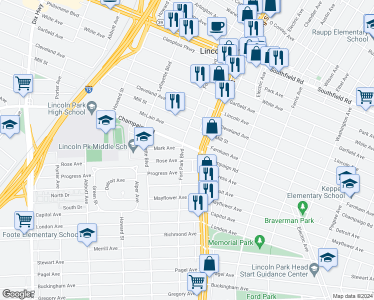 map of restaurants, bars, coffee shops, grocery stores, and more near 1325 Champaign Road in Lincoln Park