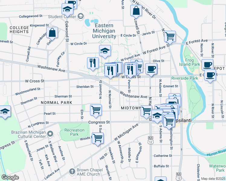 map of restaurants, bars, coffee shops, grocery stores, and more near 719 Washtenaw Avenue in Ypsilanti