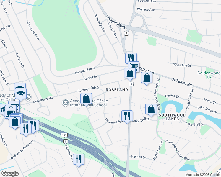 map of restaurants, bars, coffee shops, grocery stores, and more near 4332 Golfcourse Cres in Windsor