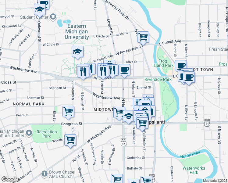 map of restaurants, bars, coffee shops, grocery stores, and more near 216 Ballard Street in Ypsilanti