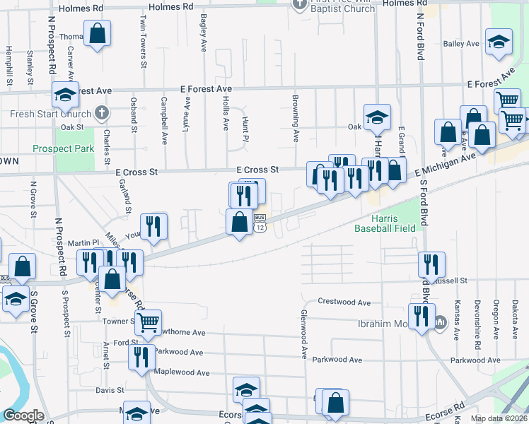 map of restaurants, bars, coffee shops, grocery stores, and more near 1095 East Michigan Avenue in Ypsilanti