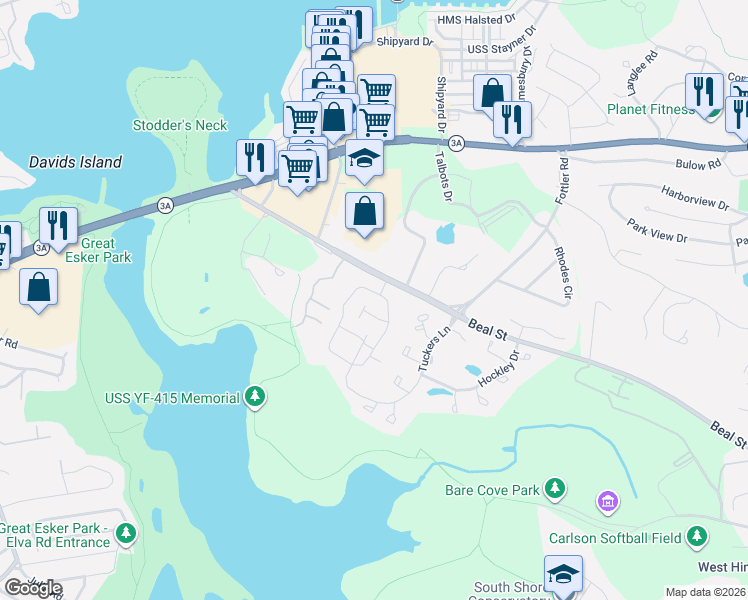 map of restaurants, bars, coffee shops, grocery stores, and more near 10 Beal's Cove Road in Hingham
