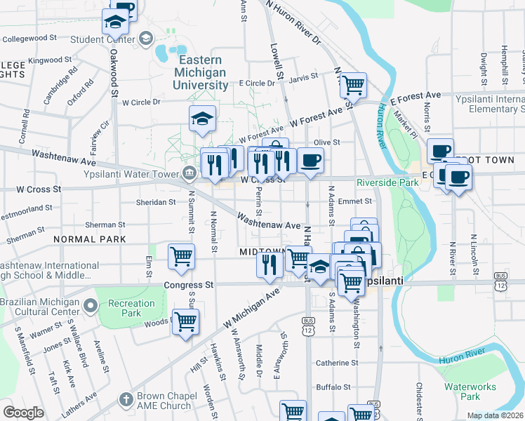 map of restaurants, bars, coffee shops, grocery stores, and more near 601 Emmet Street in Ypsilanti