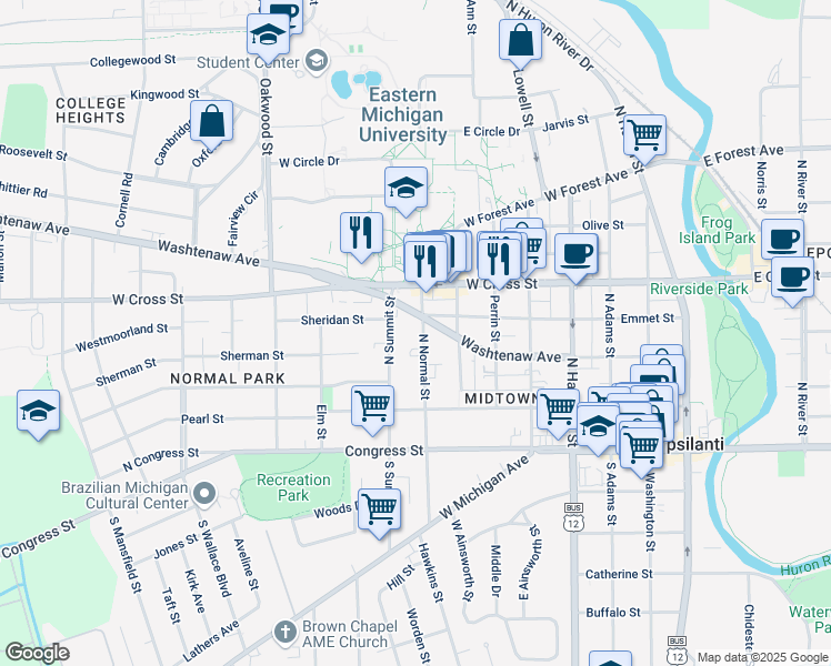 map of restaurants, bars, coffee shops, grocery stores, and more near 219 North Normal Street in Ypsilanti