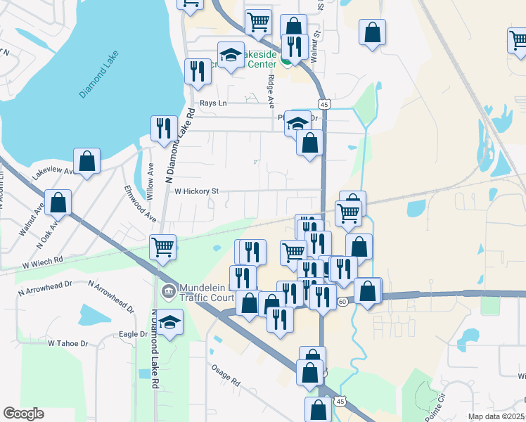 map of restaurants, bars, coffee shops, grocery stores, and more near 1501 Pauline Circle in Mundelein