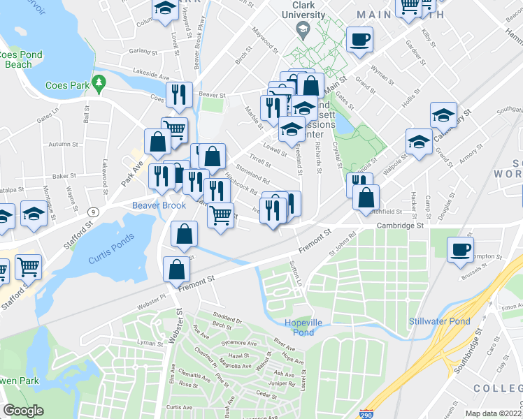 map of restaurants, bars, coffee shops, grocery stores, and more near 15 Ives Street in Worcester