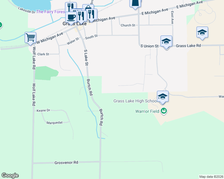 map of restaurants, bars, coffee shops, grocery stores, and more near 675 Pinewood Drive in Grass Lake
