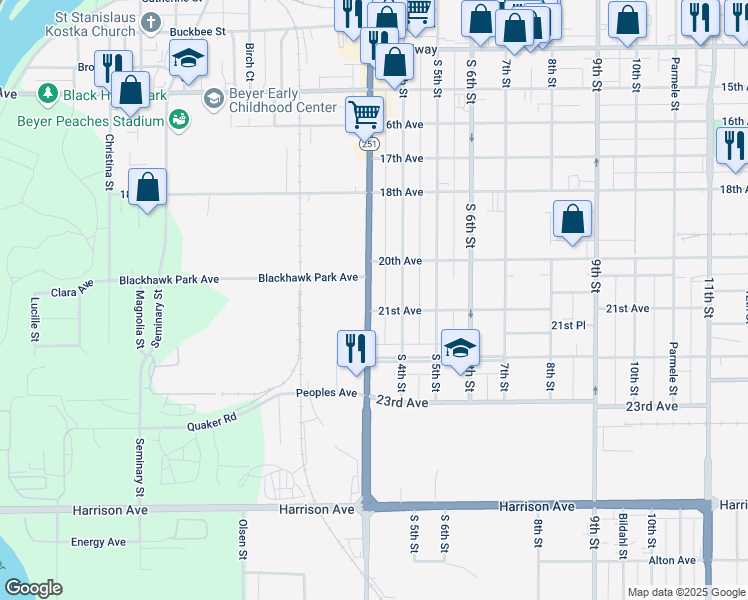 map of restaurants, bars, coffee shops, grocery stores, and more near 2134 Kishwaukee Street in Rockford