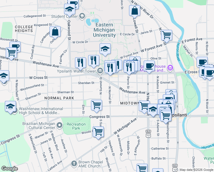 map of restaurants, bars, coffee shops, grocery stores, and more near 219 North Normal Street in Ypsilanti