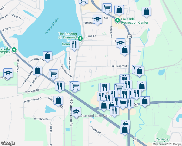 map of restaurants, bars, coffee shops, grocery stores, and more near 26296 Green Street in Mundelein