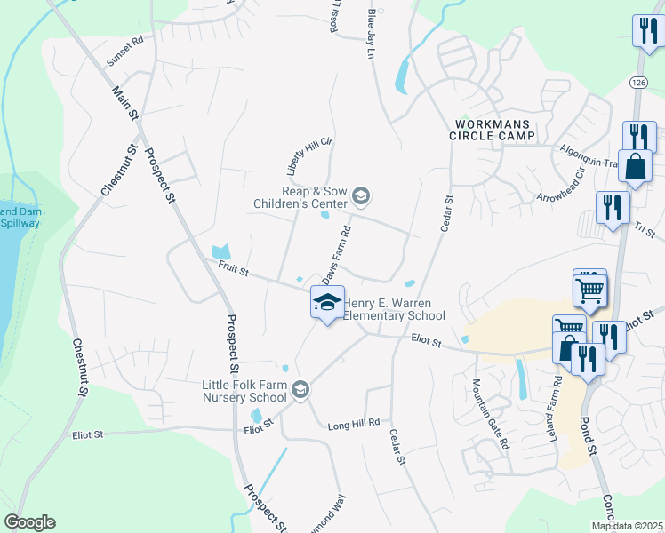 map of restaurants, bars, coffee shops, grocery stores, and more near 12 Davis Farm Road in Ashland