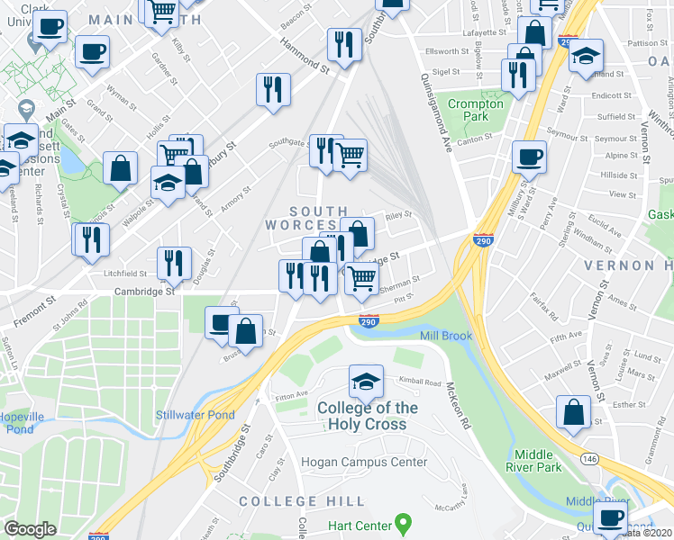 map of restaurants, bars, coffee shops, grocery stores, and more near 521 Cambridge Street in Worcester