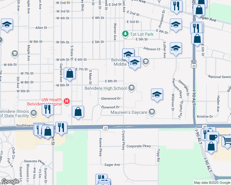 map of restaurants, bars, coffee shops, grocery stores, and more near 601 Highland Street in Belvidere