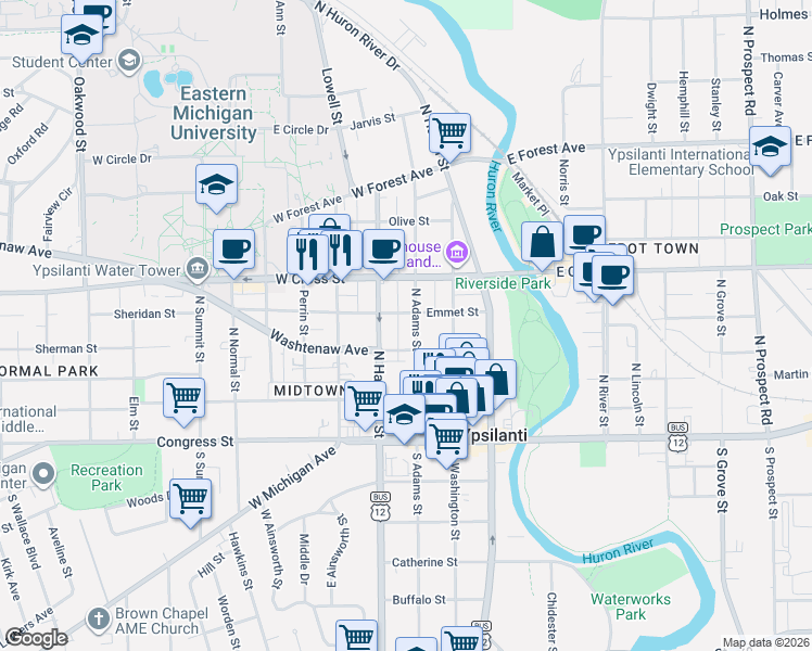 map of restaurants, bars, coffee shops, grocery stores, and more near 218 North Adams Street in Ypsilanti