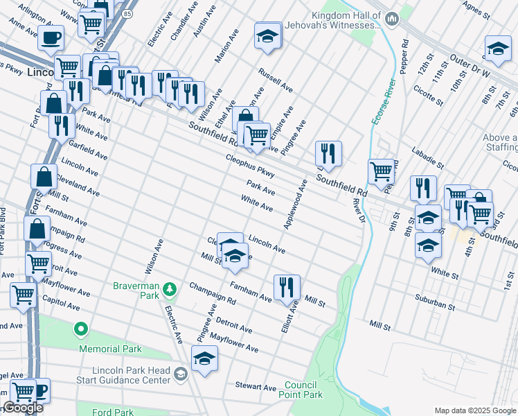 map of restaurants, bars, coffee shops, grocery stores, and more near 671 White Avenue in Lincoln Park
