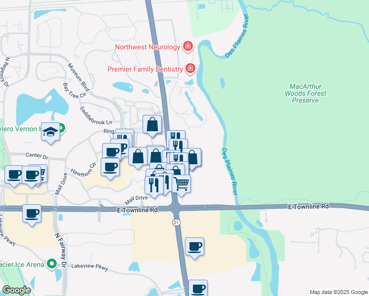 map of restaurants, bars, coffee shops, grocery stores, and more near 1111 North Milwaukee Avenue in Vernon Hills