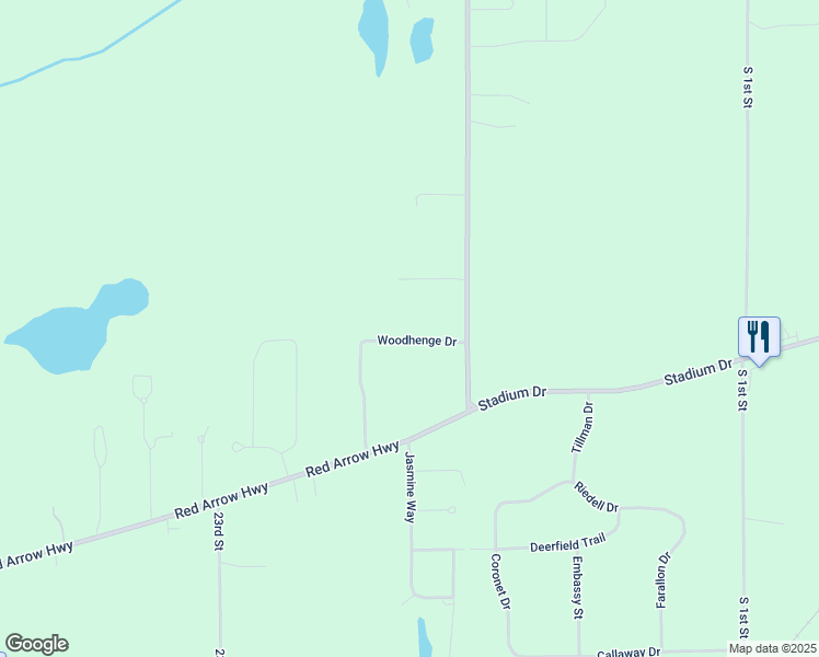 map of restaurants, bars, coffee shops, grocery stores, and more near 22222 Woodhenge Drive in Mattawan