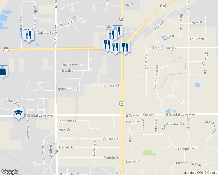map of restaurants, bars, coffee shops, grocery stores, and more near 4615 Strong Road in Crystal Lake