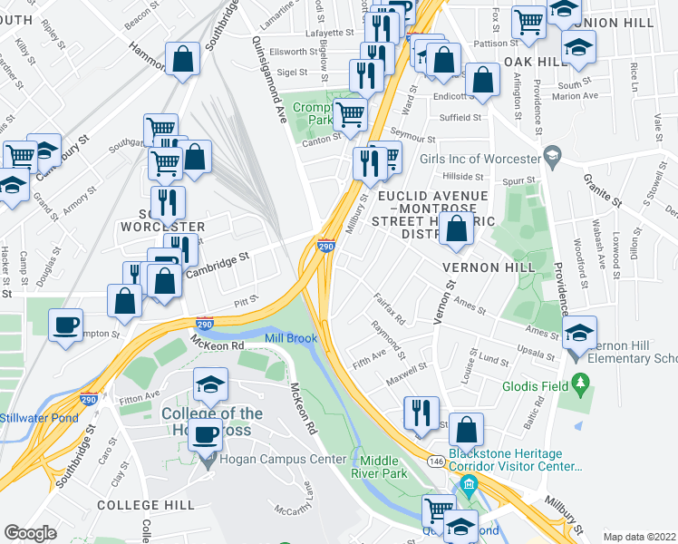 map of restaurants, bars, coffee shops, grocery stores, and more near 4 Diamond Street in Worcester
