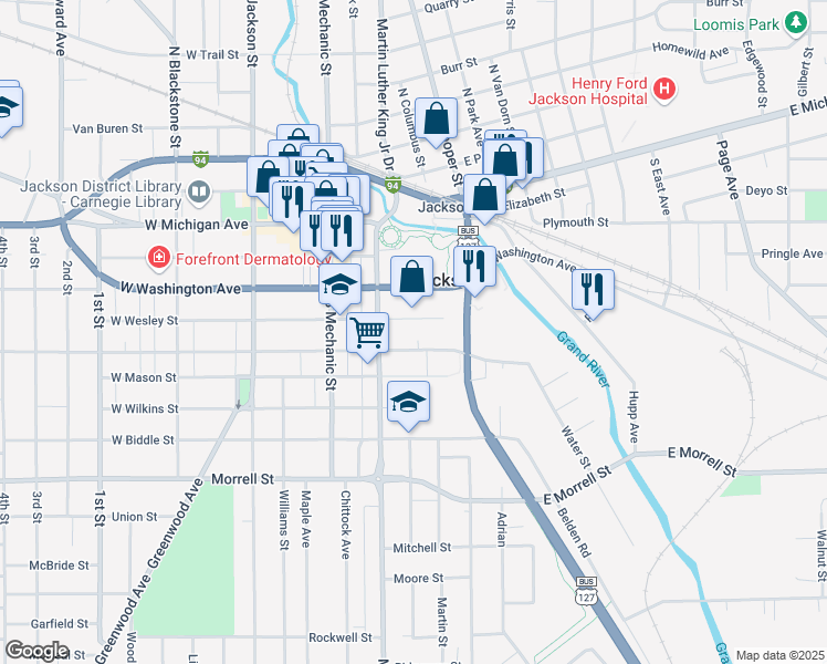 map of restaurants, bars, coffee shops, grocery stores, and more near 219 East Wesley Street in Jackson
