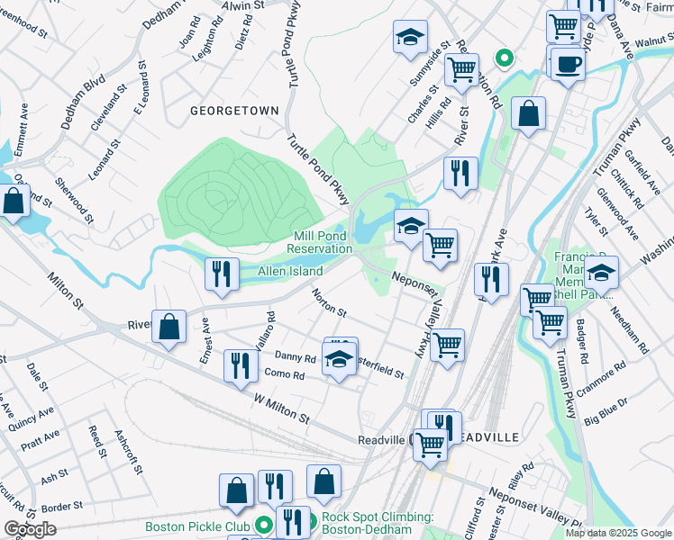 map of restaurants, bars, coffee shops, grocery stores, and more near 1738 River Street in Boston