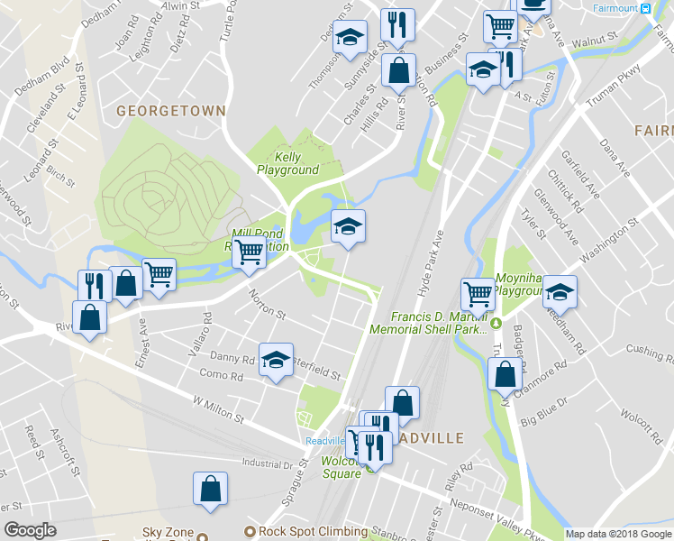 map of restaurants, bars, coffee shops, grocery stores, and more near 59 Readville Street in Boston
