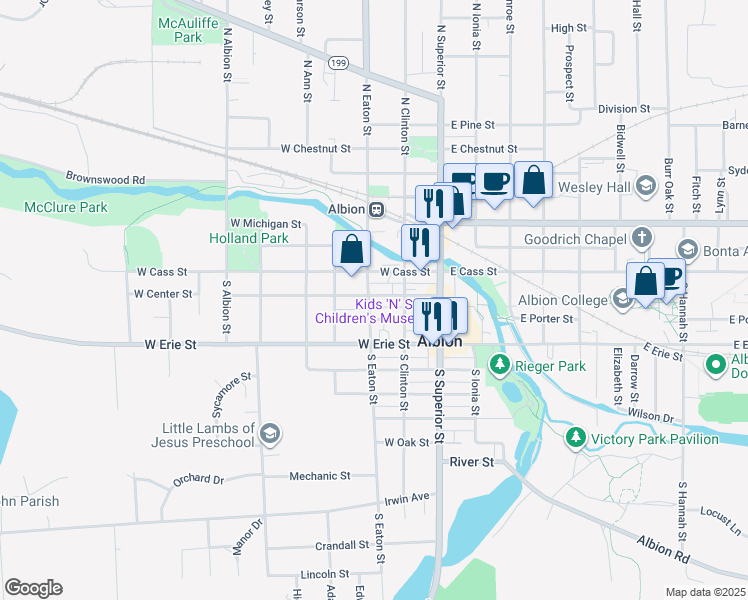 map of restaurants, bars, coffee shops, grocery stores, and more near 217 West Center Street in Albion
