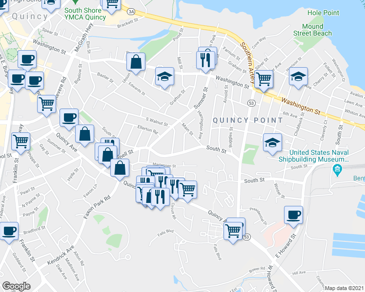 map of restaurants, bars, coffee shops, grocery stores, and more near 16 Keyes Street in Quincy