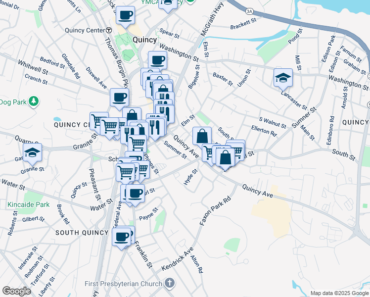 map of restaurants, bars, coffee shops, grocery stores, and more near 36 Summer Street in Quincy