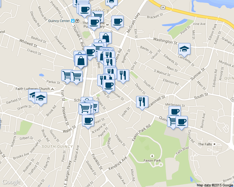 map of restaurants, bars, coffee shops, grocery stores, and more near 36 Summer Street in Quincy