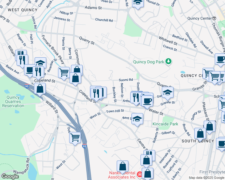 map of restaurants, bars, coffee shops, grocery stores, and more near 25 Morton Street in Quincy