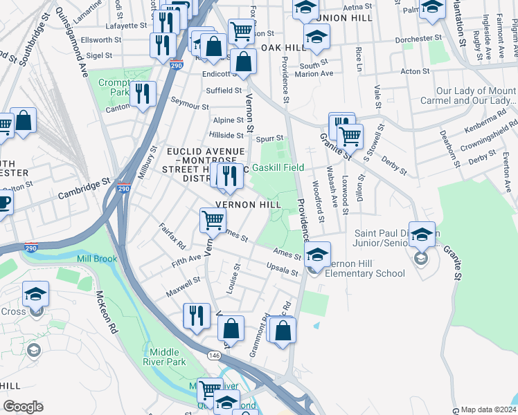 map of restaurants, bars, coffee shops, grocery stores, and more near 7 Fairbanks Street in Worcester