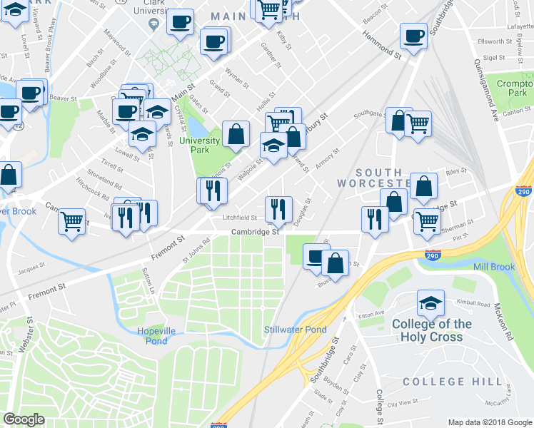 map of restaurants, bars, coffee shops, grocery stores, and more near 5 Hacker Court in Worcester