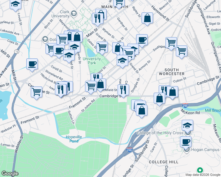 map of restaurants, bars, coffee shops, grocery stores, and more near 5 Hacker Court in Worcester