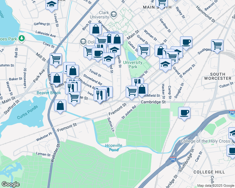 map of restaurants, bars, coffee shops, grocery stores, and more near 51 Freeland Terrace in Worcester