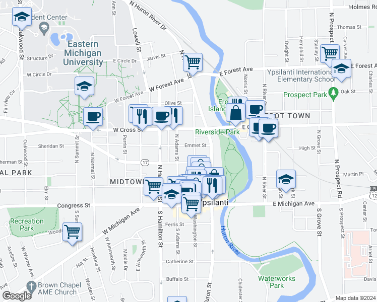 map of restaurants, bars, coffee shops, grocery stores, and more near 216 North Washington Street in Ypsilanti