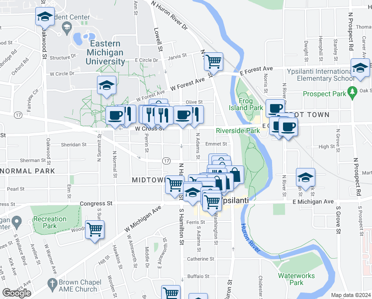 map of restaurants, bars, coffee shops, grocery stores, and more near 216 North Hamilton Street in Ypsilanti