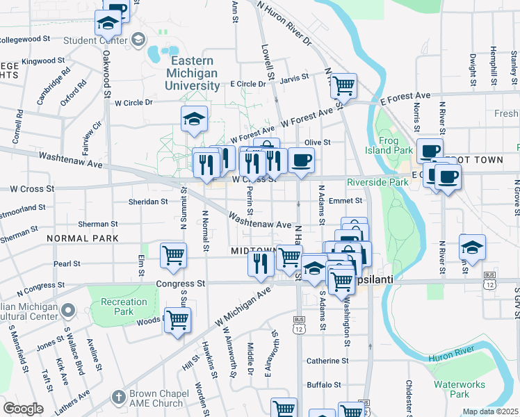 map of restaurants, bars, coffee shops, grocery stores, and more near 601 Emmet Street in Ypsilanti
