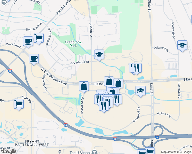map of restaurants, bars, coffee shops, grocery stores, and more near 305 E Eisenhower Pkwy in Ann Arbor Charter Township