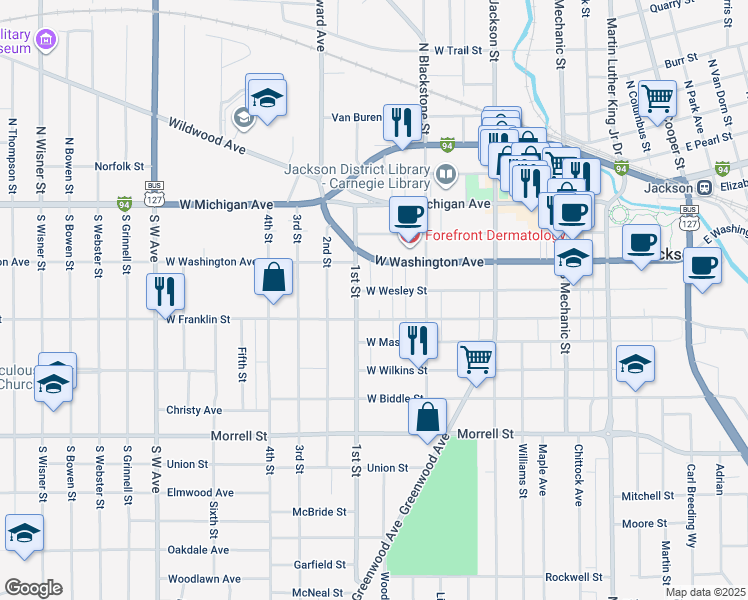 map of restaurants, bars, coffee shops, grocery stores, and more near 333 West Wesley Street in Jackson