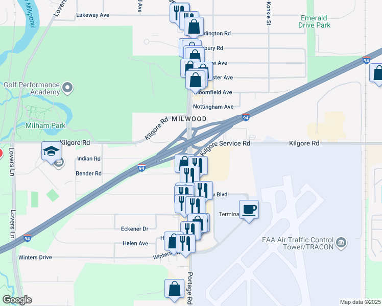 map of restaurants, bars, coffee shops, grocery stores, and more near 5055 Portage Road in Portage