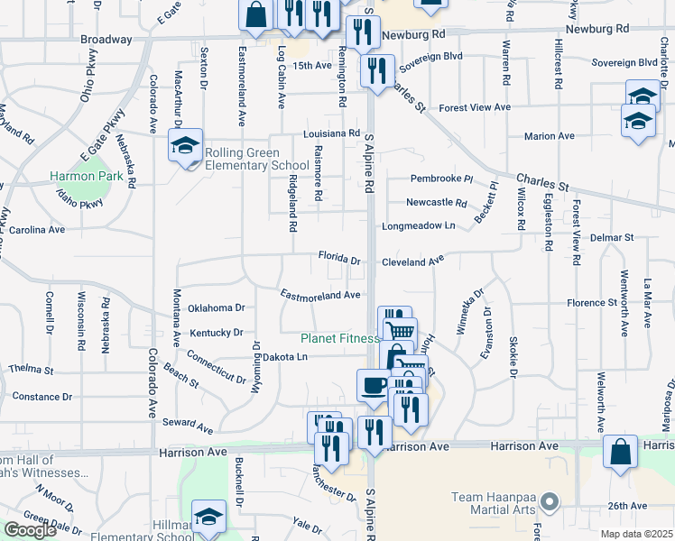 map of restaurants, bars, coffee shops, grocery stores, and more near 4115 Florida Drive in Rockford