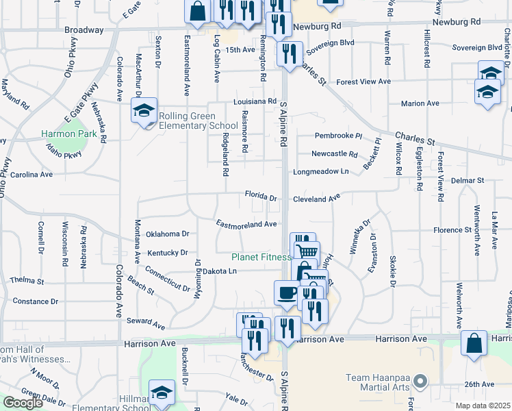 map of restaurants, bars, coffee shops, grocery stores, and more near 4115 Florida Drive in Rockford