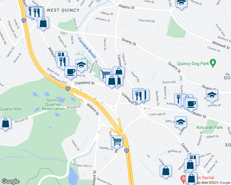 map of restaurants, bars, coffee shops, grocery stores, and more near 232 Copeland Street in Quincy