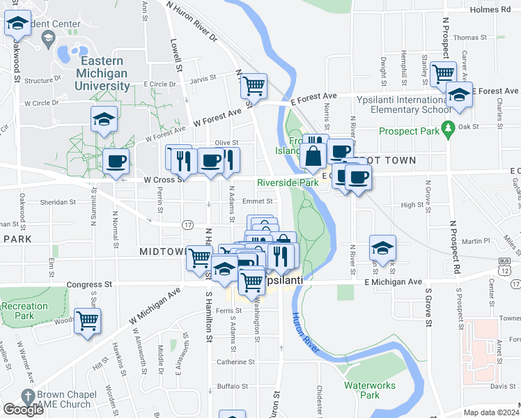 map of restaurants, bars, coffee shops, grocery stores, and more near 216 North Washington Street in Ypsilanti